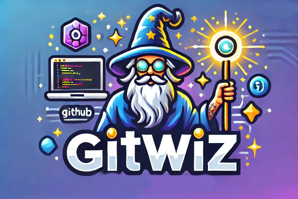GitWiz - A wizard with blue robes and a magical staff analyzing GitHub code